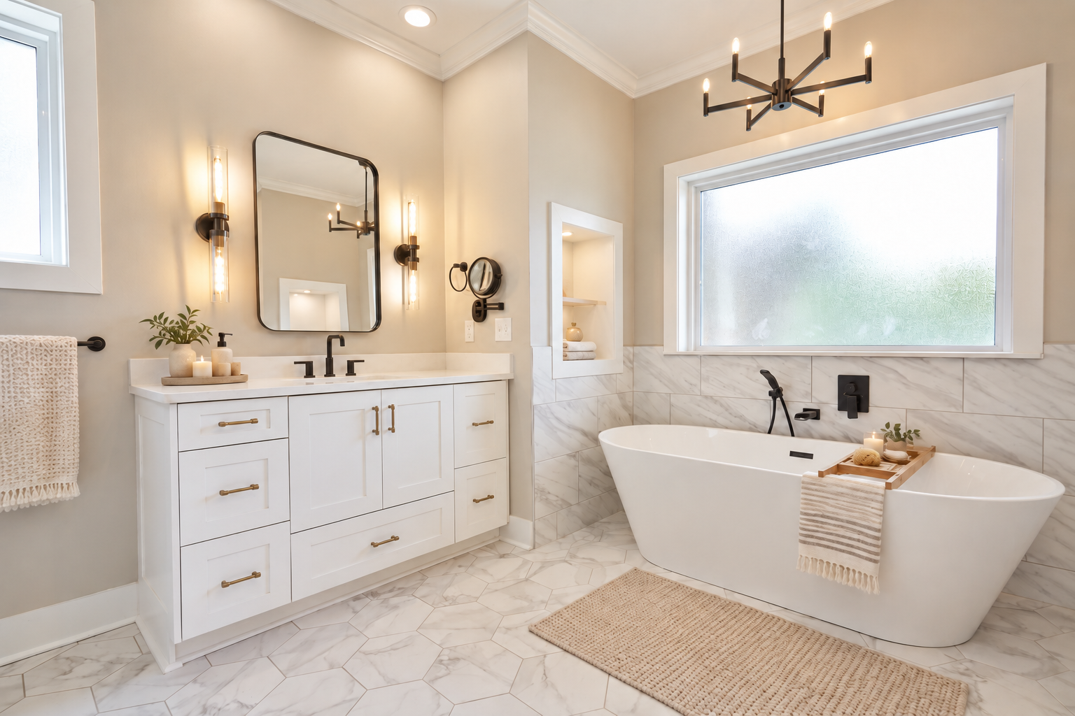 Primary bathroom with a freestanding tub, white vanity, marble-look tile, and black fixtures