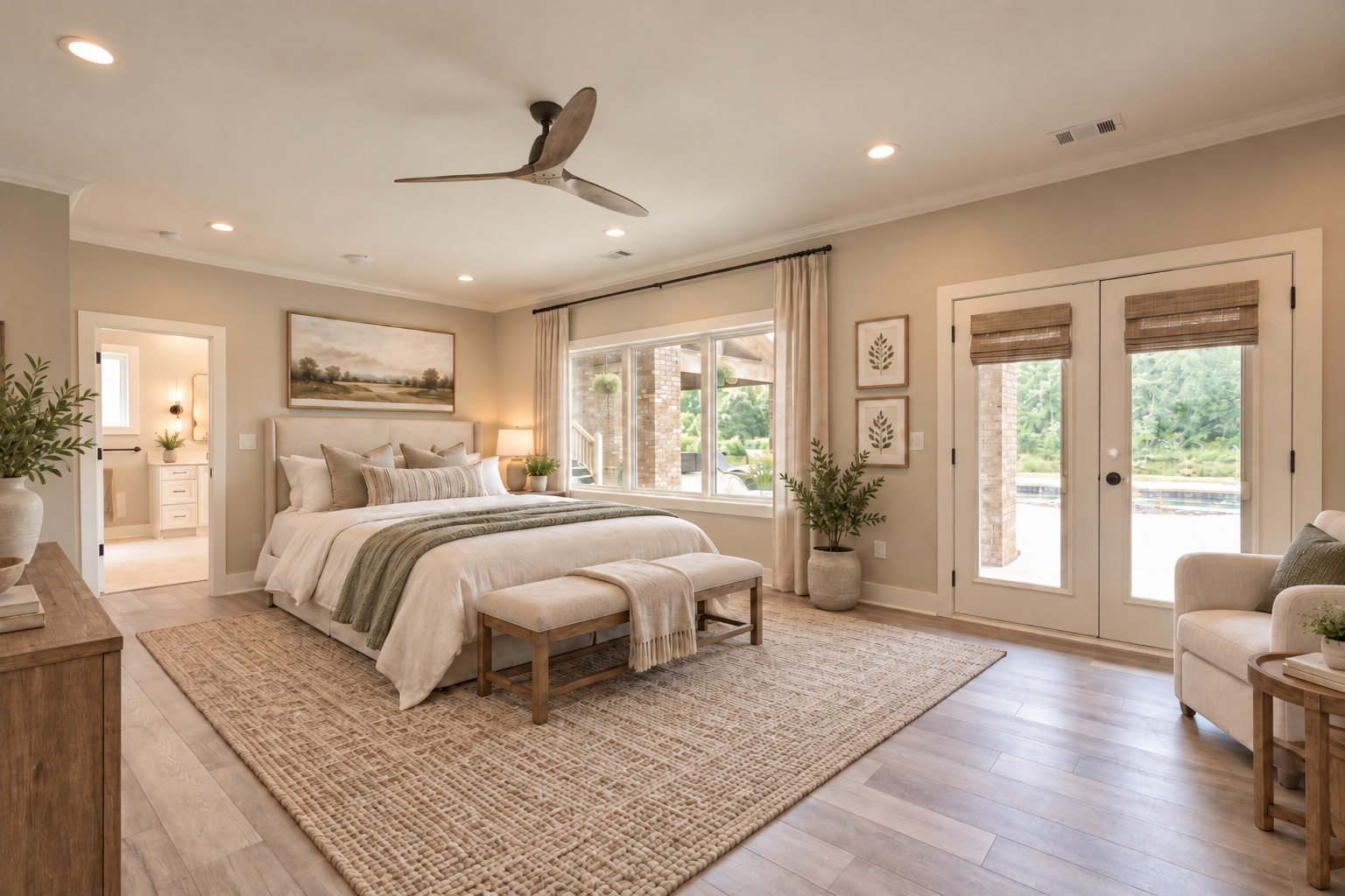 Completed basement master bedroom with an upholstered bed, large picture window, wood flooring, and French doors