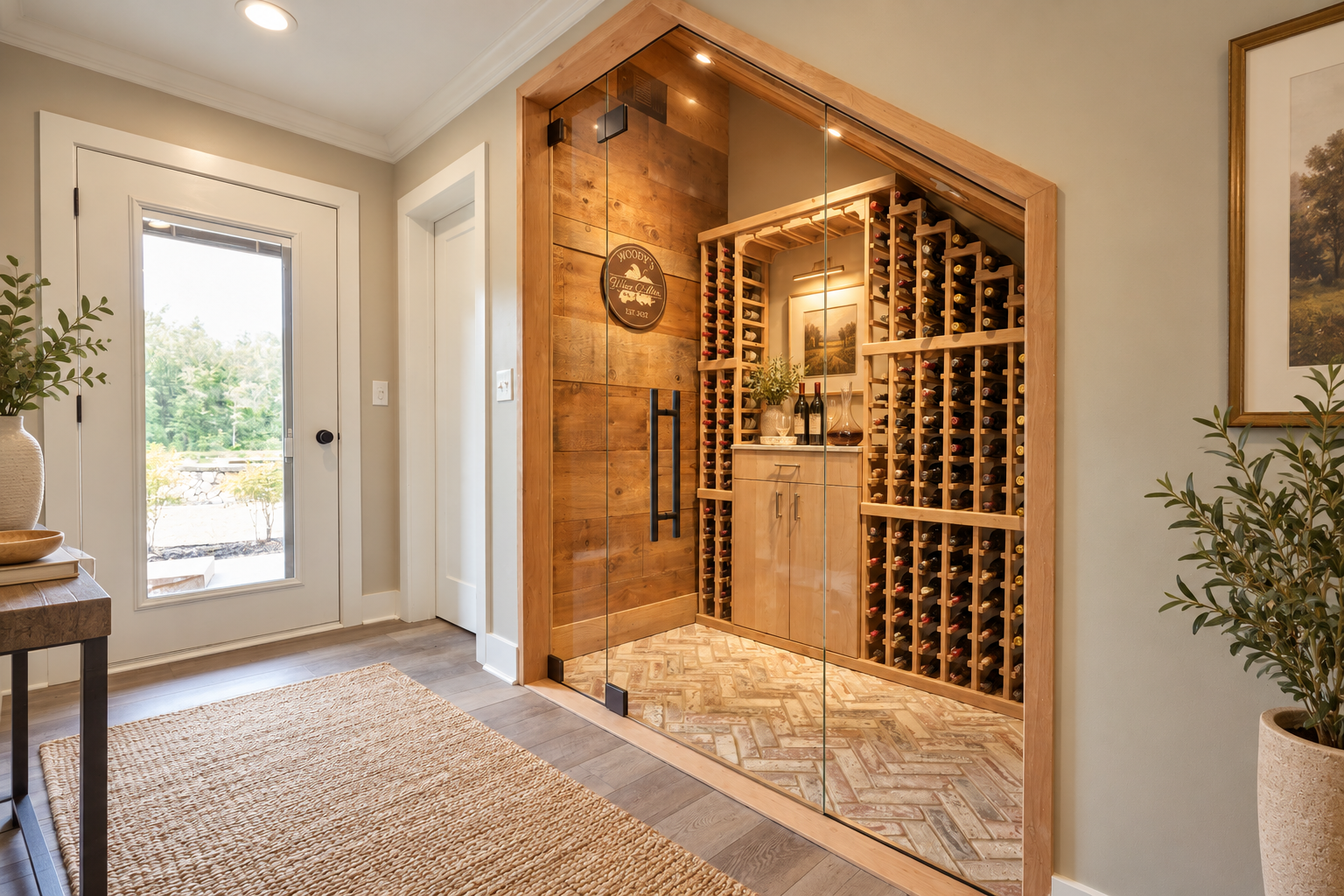 Wine cellar with wood bottle racks, a glass enclosure, and patterned tile flooring