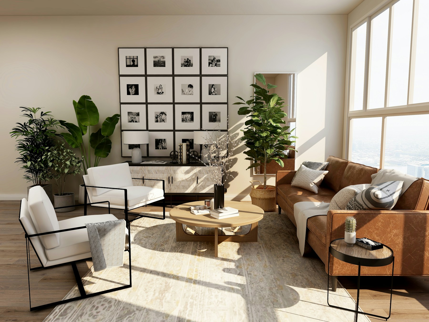 Design inspiration: a bright living room with neutral seating and natural wood finishes